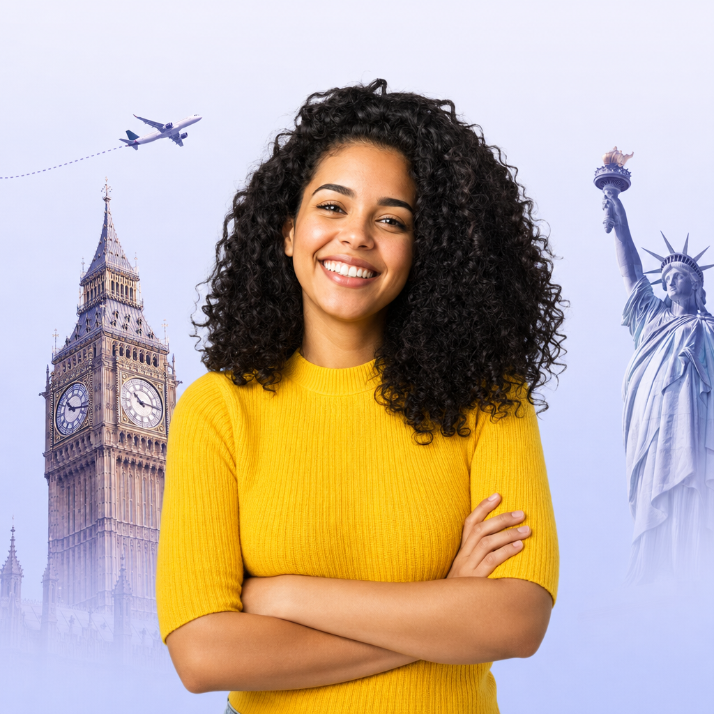 Aluna sorrindo com Big Ben e Estátua da Liberdade ao fundo